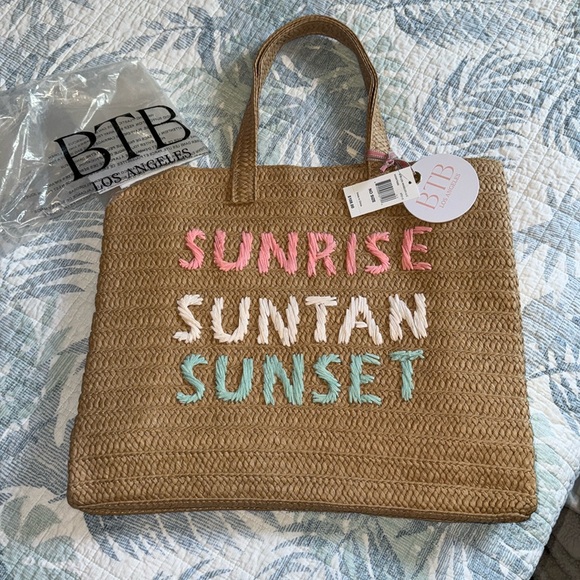 Btb Los Angeles, Sunrise Suntan Sunset Pastel Letters Straw Beach Tote Bag - Picture 2 of 5